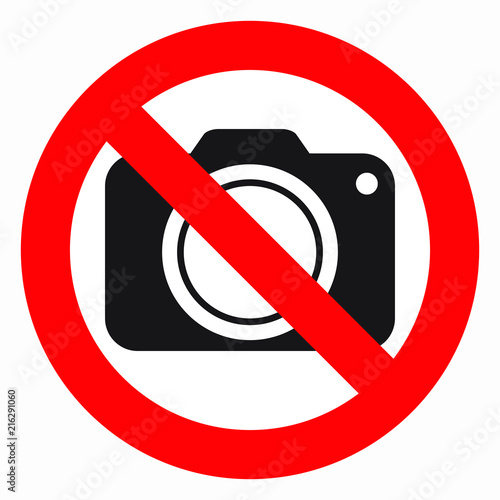 No cameras allowed sign. Red prohibition no camera sign. No taking pictures, no photographs sign.