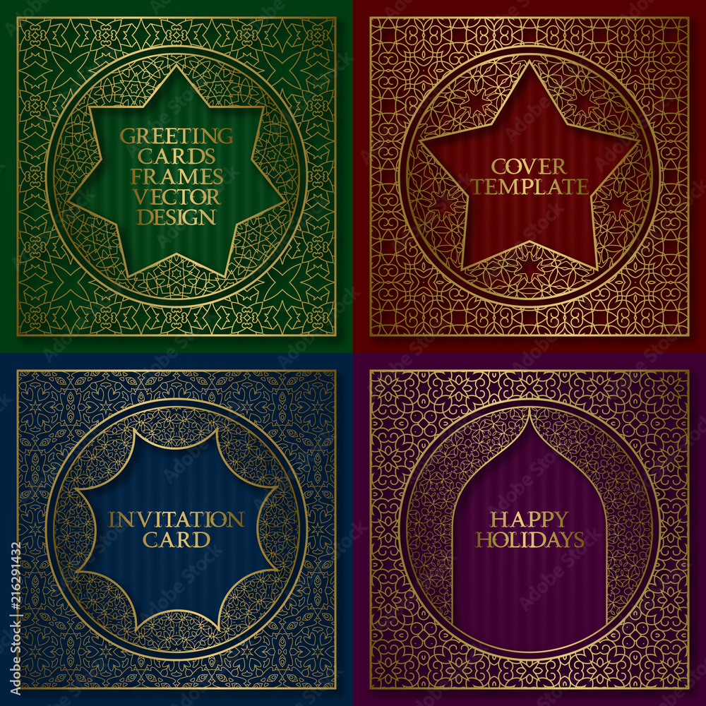Obraz premium Golden patterned frames set. Vintage design of greeting cards backgrounds in asian traditional style. Brochure, album cover, nameplate, signboard templates.
