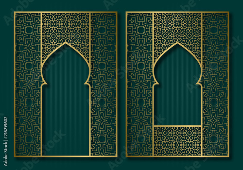 Vintage frames in form of oriental door and window. Brochure, book or greeting card golden cover backdrop design.