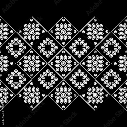 Seamless background with satin stitch embroidery. Traditional ornament. Rustic pattern. Textile rapport.