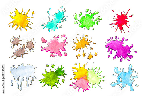 colorful blobs and splatters isolated on white hand drawn illustration