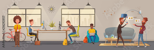 Office interior. Modern apartment scandinavian or loft design. Cartoon vector illustration