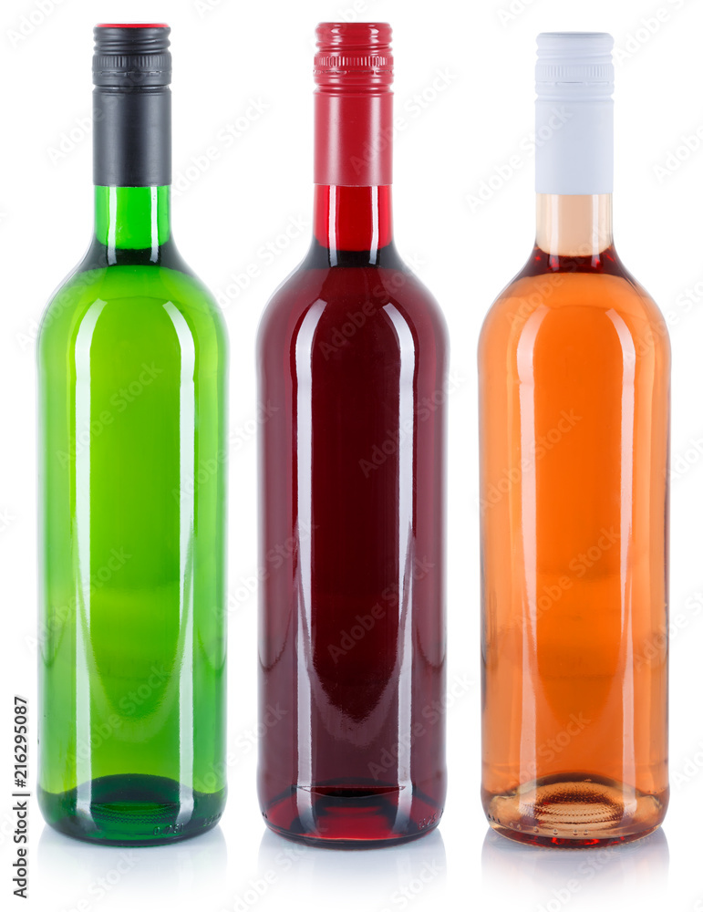 Wine bottle white red rose green alcohol drink isolated Wine bottle white red rose green alcohol drink isolated