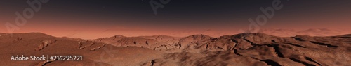 Panorama of Mars. Sunset on Mars. Martian surface.  3D rendering  