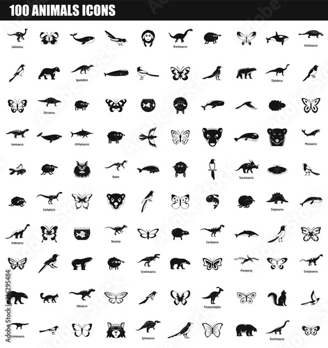 100 animals icon set. Simple set of 100 animals vector icons for web design isolated on white background