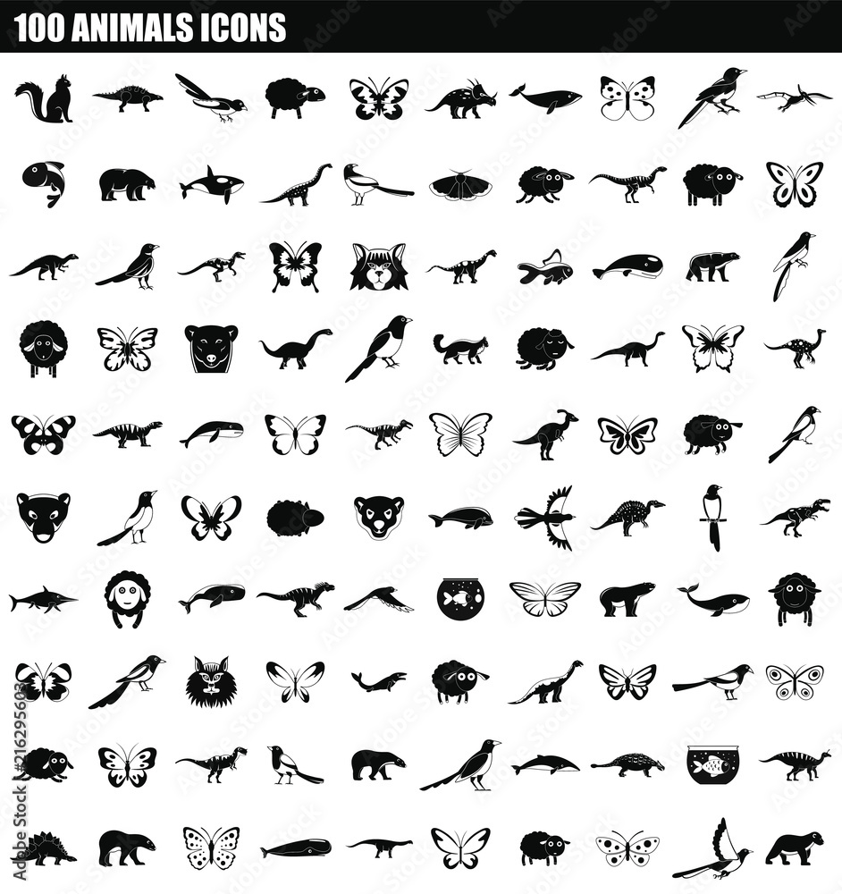 100 animals icon set. Simple set of 100 animals vector icons for web design isolated on white background