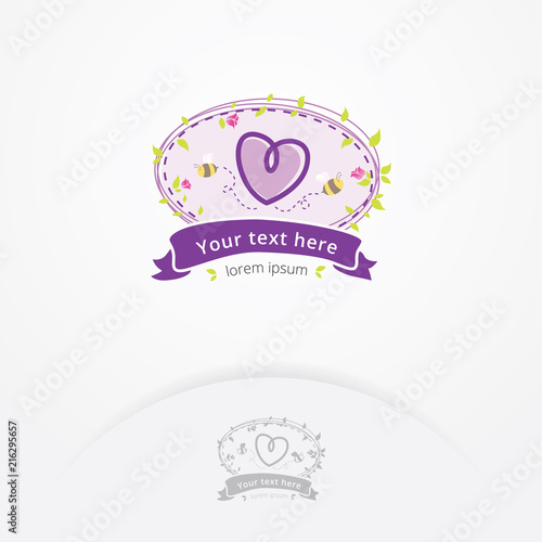 Sweet boutique logo. Vector of plants with bees and heart shape, Labels for boutiques and food. Sweet and cute logo template