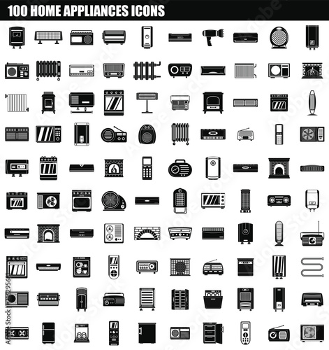 100 home appliances icon set. Simple set of 100 home appliances vector icons for web design isolated on white background