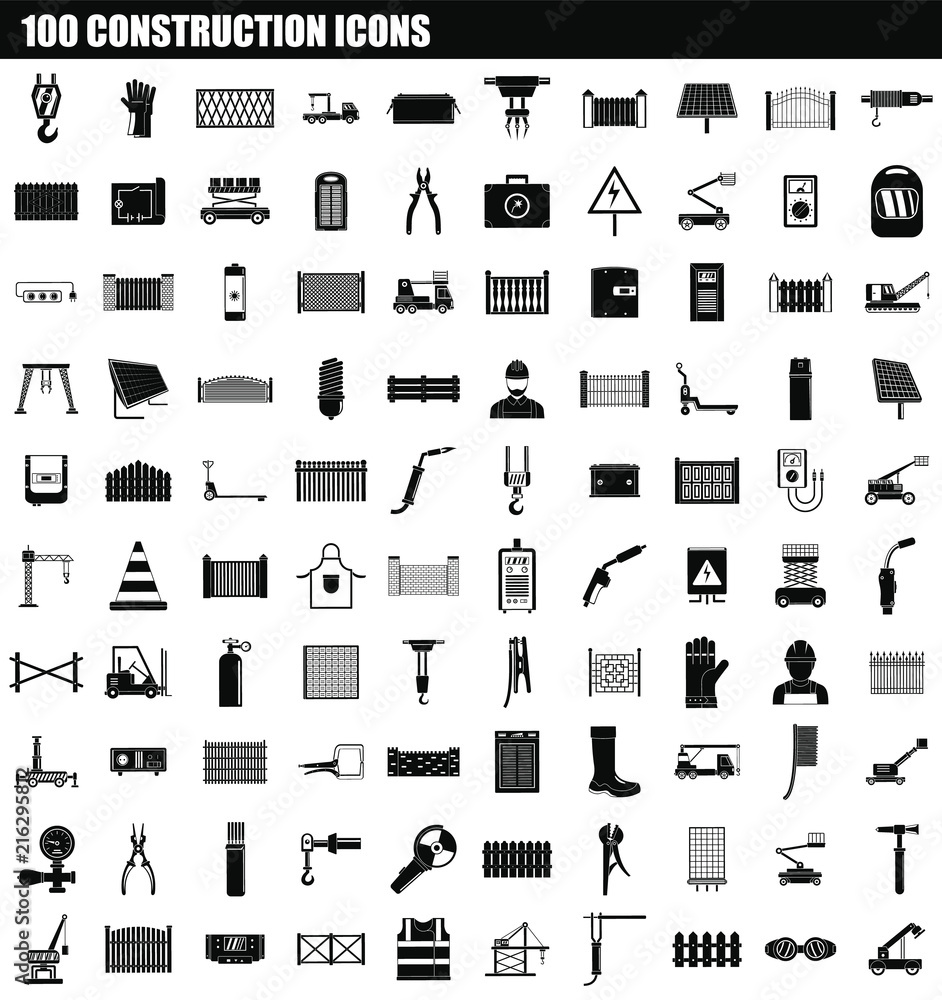 100 construction icon set. Simple set of 100 construction vector icons for web design isolated on white background 100 construction icon set. Simple set of 100 construction vector icons for web design isolated on white background