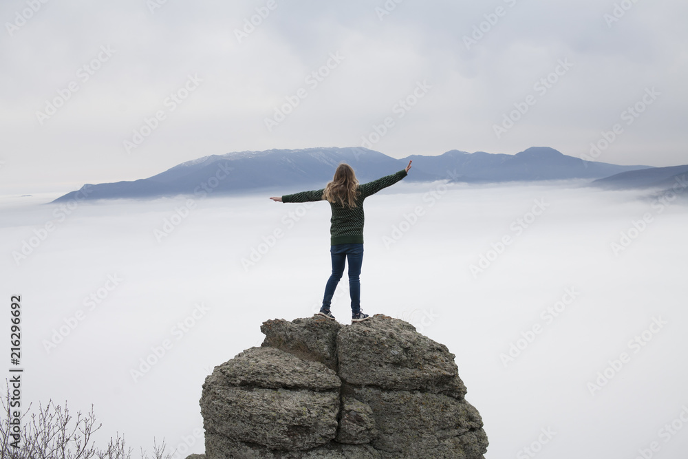 the girl from the back on the cliff