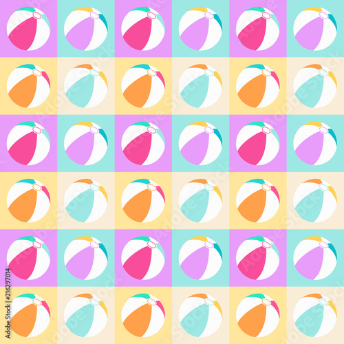 Seamless pattern with isolated beach balls on squares in pastel colors

