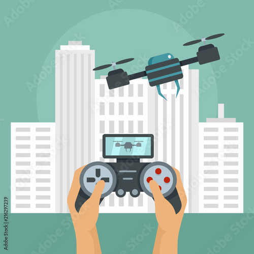 Joystick control drone background. Flat illustration of joystick control drone vector background for web design