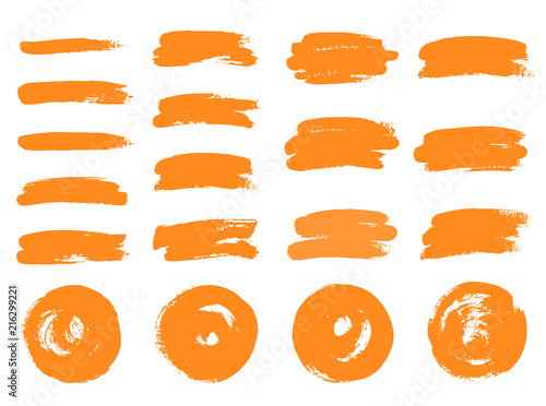 Vector set of brushes. Hand drawn circles. Set of color orange brush stroke, different size on white background. Elements for design. Hand drawn stroke, isolated.
