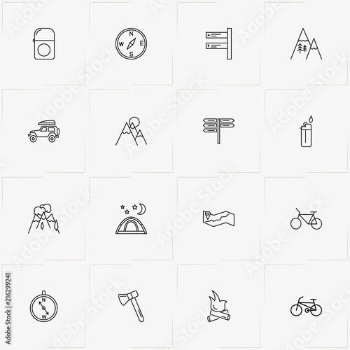 Camping line icon set with hatchet, mountains  and compass