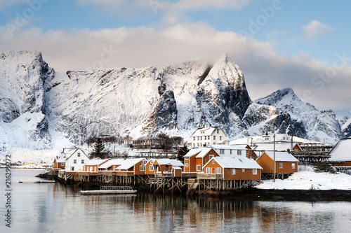 Traditional wooden Rorbu fishermen`s huts in village of Sakrisoy on Moskenesoya Island in Lofoten Islands in Norway  photo