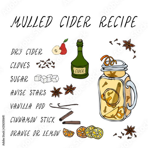 Mulled Cider Recipe. Hot Cider in Mason Jar. Or Mulled White Wine. Warming Drink. Bar Menu. Autumn Harvest Collection. Realistic Hand Drawn High Quality Vector Illustration. Doodle Style.