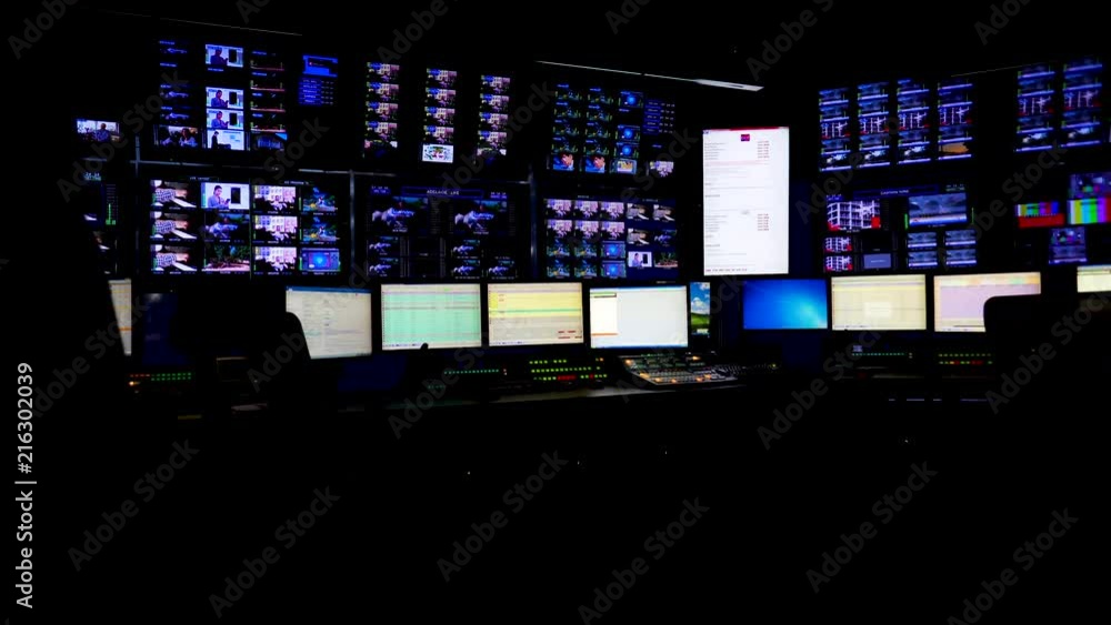 inside large network television pres suite, presentation control room, master control suite.