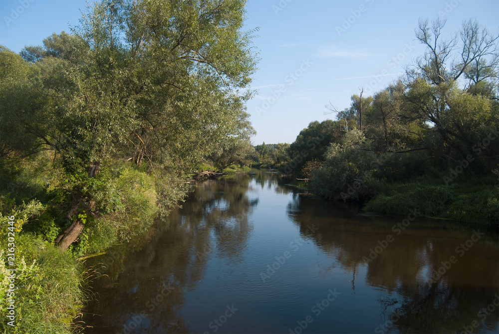 Landscape of the middle zone of Russia: the Nara River with low banks, overgrown with green grass and trees Landscape of the middle zone of Russia: the Nara River with low banks, overgrown with green grass and trees