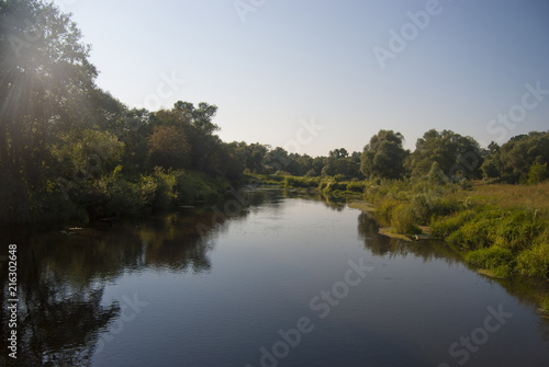 Landscape of the middle zone of Russia  the Nara River with low banks  overgrown with green grass and trees