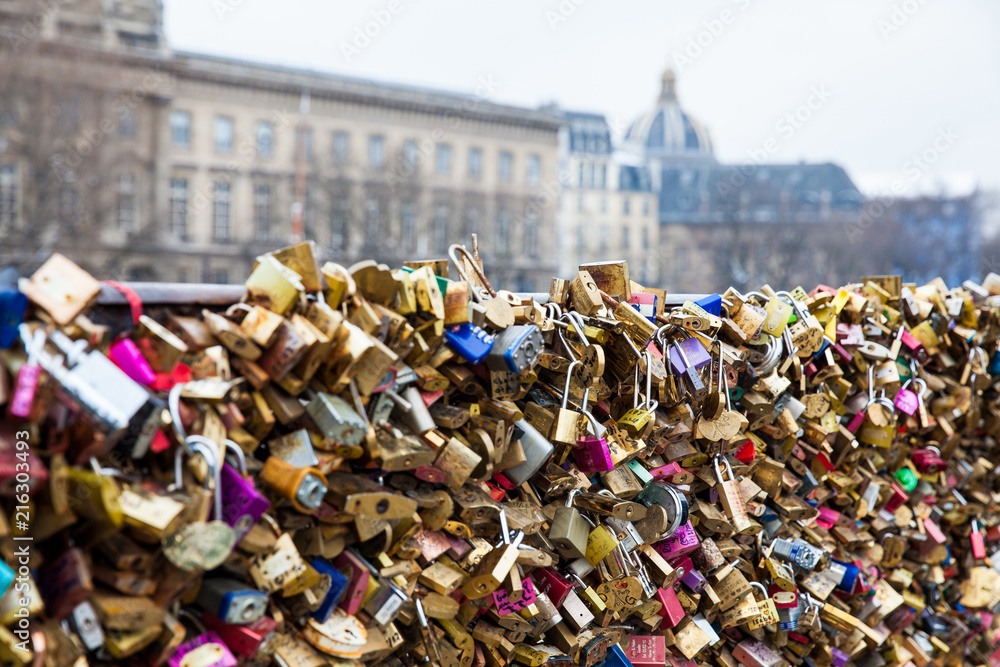 Love locks at Pont Neuf and the city of Paris