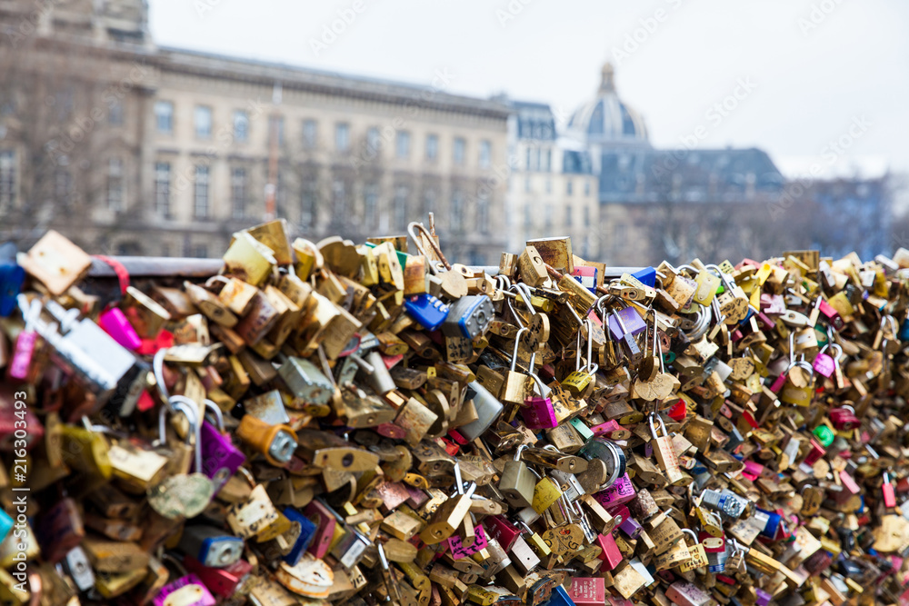Love locks at Pont Neuf and the city of Paris Love locks at Pont Neuf and the city of Paris