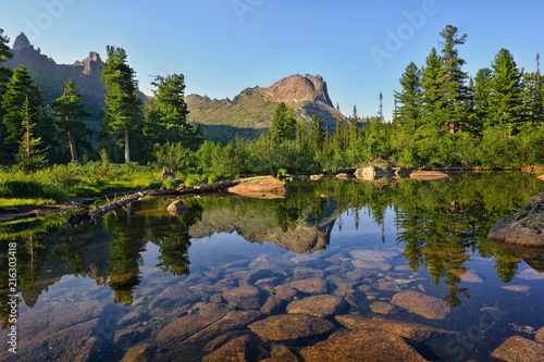 Landscape of beautiful summer picturesque mountain lake with reflection