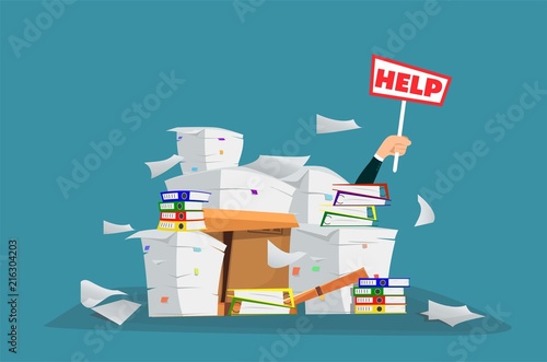 Businessman in pile of office papers and documents with help sign. Overwork. Cartoon style.
