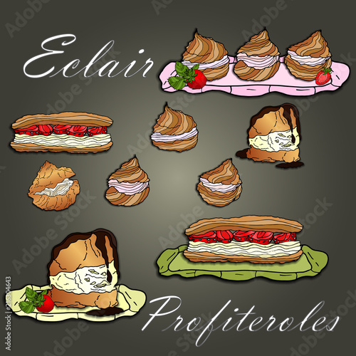 Eclairs, profiteroles and cakes on a green background 