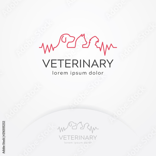 Veterinary center logo. Pet clinic logo with Dog, Cat and Bird in line art style. Animal care logo template