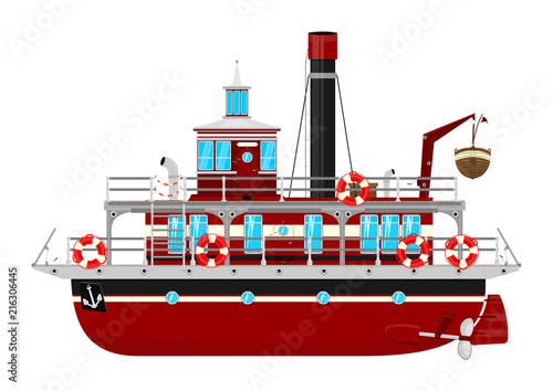 Ferryboat. Cartoon ferry boat on the white background. Fairytale ship. Side view. Flat vector.