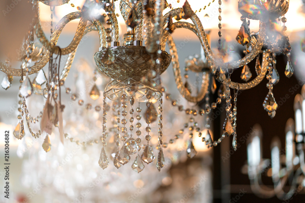 Crystal chandelier close-up. Glamour background with copy space