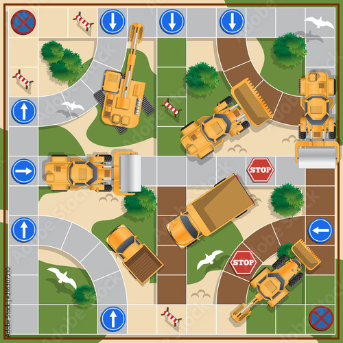 Construction of the road. Board game. View from above. Vector illustration.