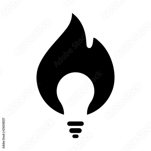 Hot idea vector icon.Light Bulb in fire. Lamp black vector icon. Bulb logo.