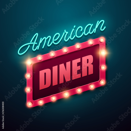 Retro light sign. American diner banner in vintage style. Vector illustration. 