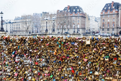 Love locks at Pont Neuf and the city of Paris