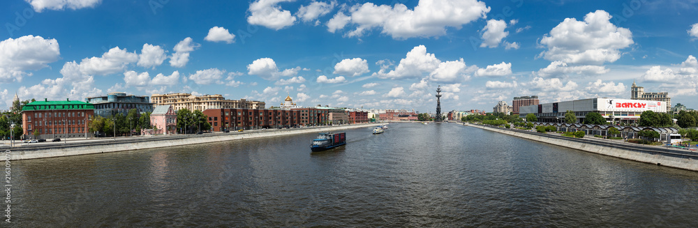 Panoramic view of Moscow river and monument to Peter the Great from the Crimean bridge in Moscow