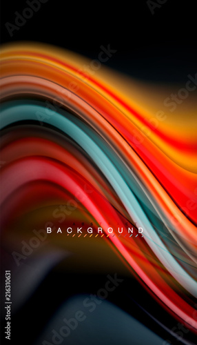 Fluid colors abstract background, twisted liquid design on black, colorful marble or plastic wave texture backdrop, multicolored template for business or technology presentation or web brochure cover © antishock