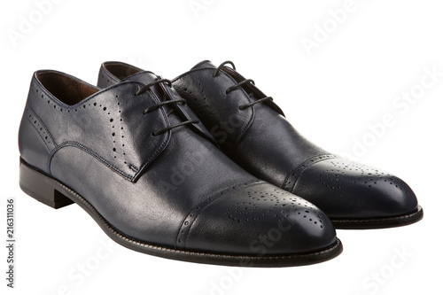 dark blue leather men's shoes of classic style, a pair of shoes on a white background, isolate