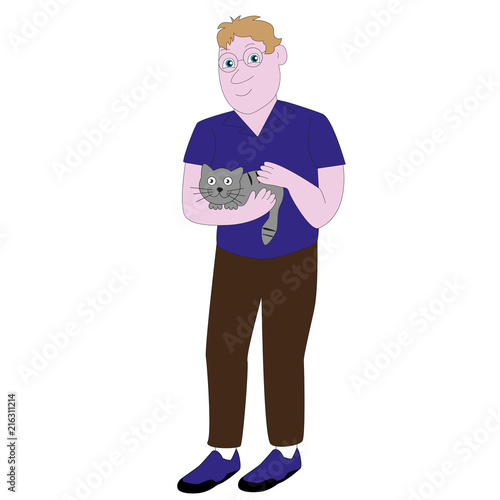 Funny man in glasses holds in hands of cat isolated on a white background.