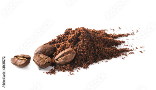Coffee beans and Ground coffee and on white background