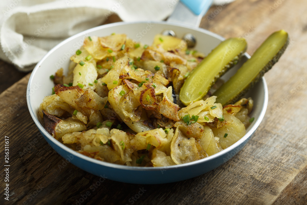 Fried potato with pickled cucumber Fried potato with pickled cucumber
