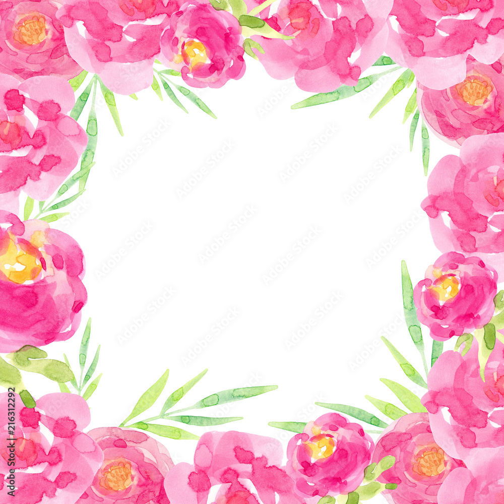 frame watercolor hand-drawn pink flowers green leaves isolated on white background