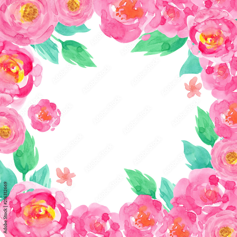 frame watercolor hand-drawn pink flowers rose green leaves isolated on white background