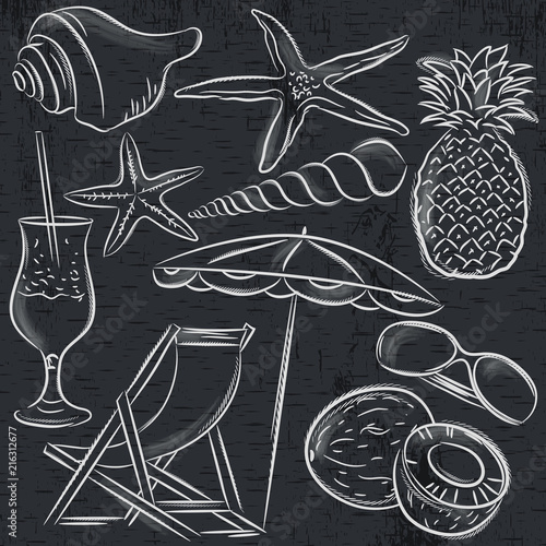 Set of  summer symbols, clams, shells, cocktail, starfish, umbrella, lounge, fruit on blackboard  background, vector illustration.
