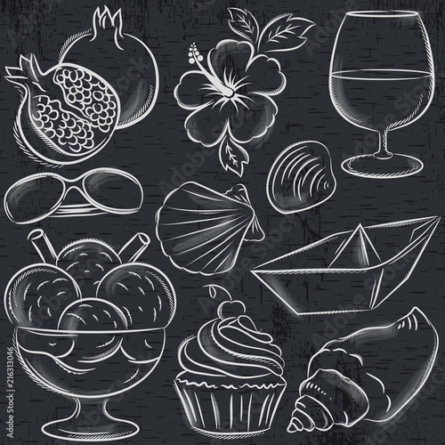 Set of  summer symbols, clams, shells, ice cream, sunglasses, pomegranate, flower  on blackboard  background, vector illustration.