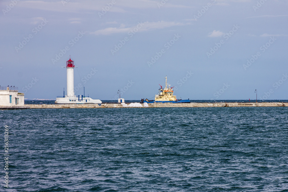 Odessa lighthouse, Ukraine. Vorontsov lighthouse harbor sea view