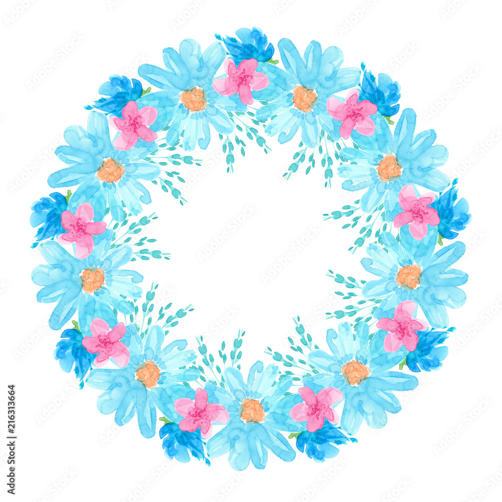 round frame watercolor hand-drawn pink, blue flowers, daisies, green leaves isolated on white background round frame watercolor hand-drawn pink, blue flowers, daisies, green leaves isolated on white background
