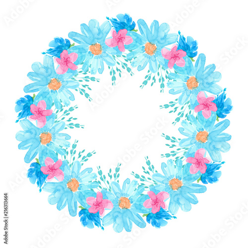 round frame watercolor hand-drawn pink  blue flowers  daisies  green leaves isolated on white background