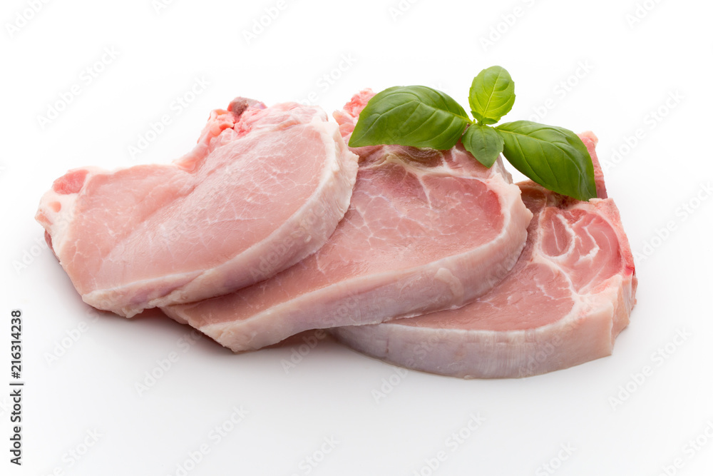 Fresh raw beef steak isolated on white background, top view.