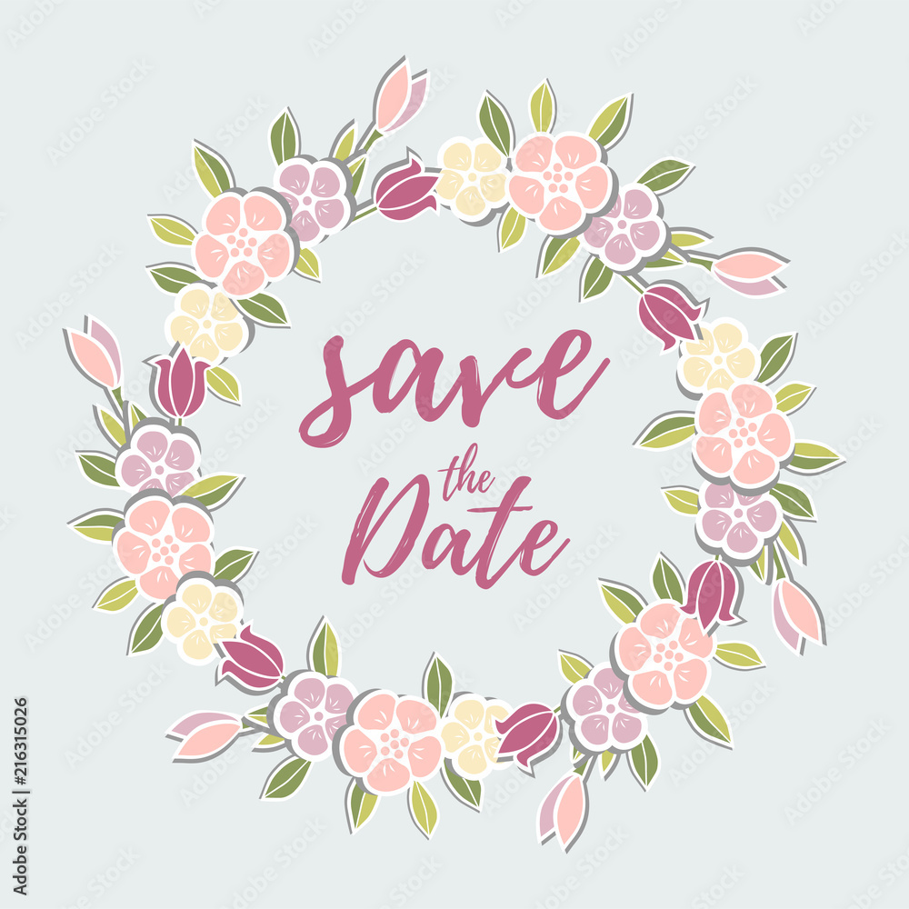 Vector illustration, Save the Date text and flower wreath. Wedding invitation design element.